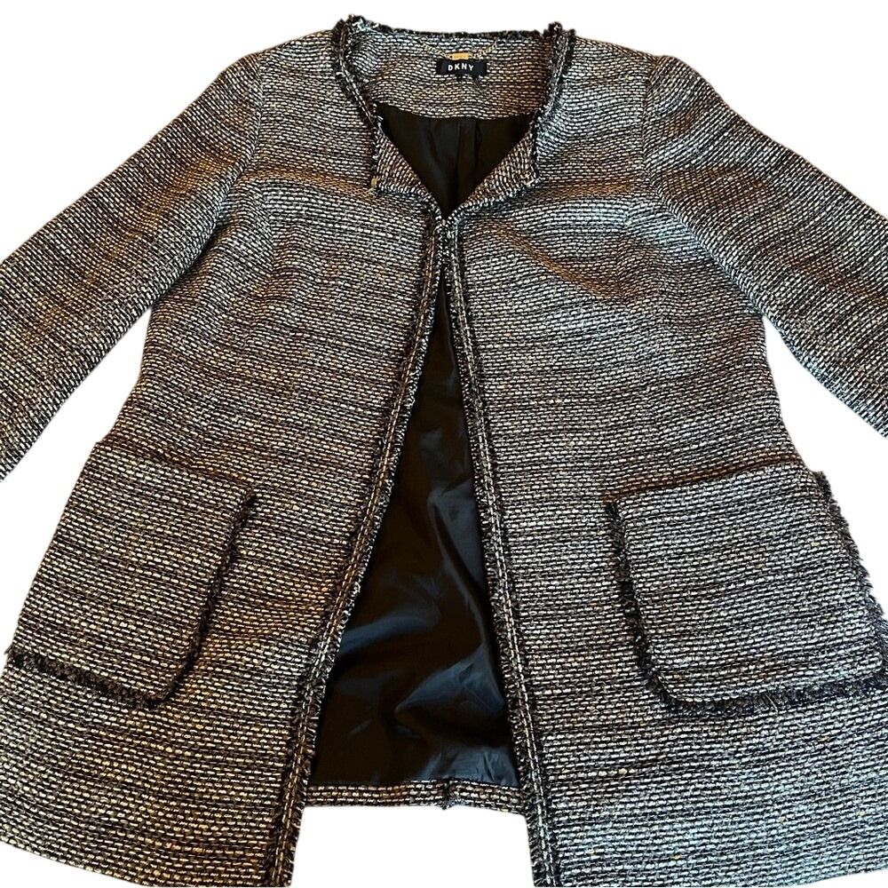 DKNY Womens Size 16 Black White Tweed Fringe Trim Collarless Jacket Blazer Hook